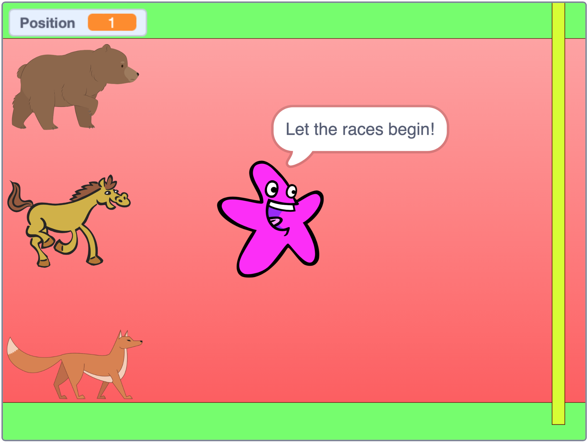 Screen shot of scratch animal race game